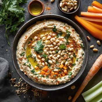 roasted garlic hummus served in bowl topped with paprika, flat parsely and roasted pine . AI generative.
