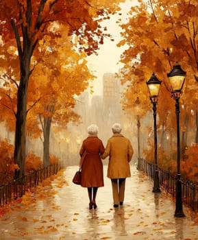 October dusk, an elderly couple is taking a walk in the country lane under the shade of trees . AI generative.