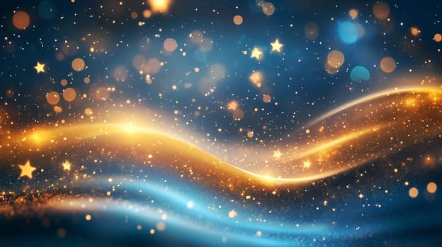 Golden bokeh, stars and glitter explosion cloud, confetti splash, twinkling scattered star dust and particles, christmas background