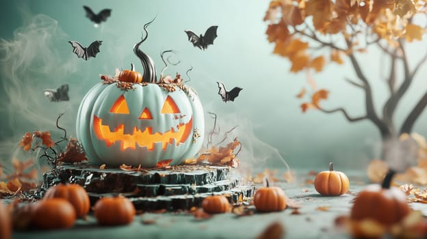 Halloween illuminated carved pumpkin, evil scary face in darkness, candle lit at night, background with copy space