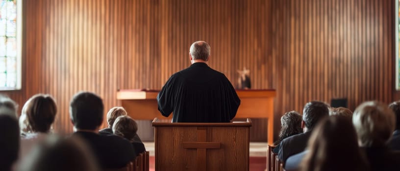 Rear view of a pastor in black robe standing at pulpit, addressing congregation in a wooden paneled church with stained glass windows.