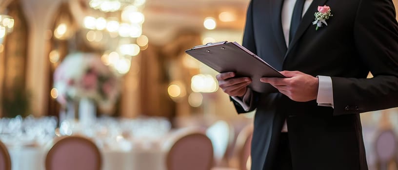 Professional wedding planner in formal attire reviews details on clipboard in an elegant reception hall with bokeh lights, ensuring perfect event coordination.
