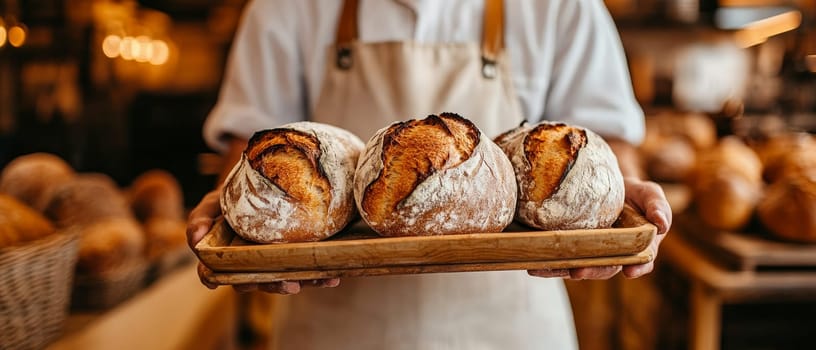 Close up of baker's hands holding wooden board with three rustic sourdough bread loaves, showcasing craftsmanship in a warm bakery setting.