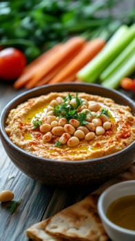 roasted garlic hummus served in bowl topped with paprika, flat parsely and roasted pine . AI generative.