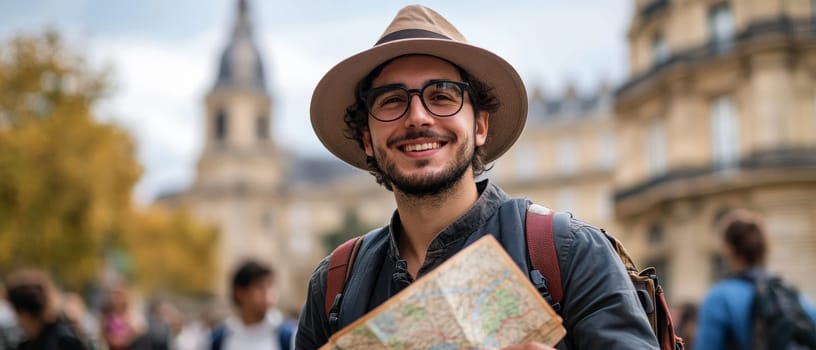 A cheerful young man with curly hair and glasses, wearing a fedora hat, holds a city map while sightseeing in a historic European town with church spires visible.