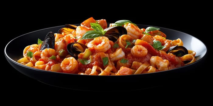 Pasta with seafood in tomato sauce, and shrimp and clams. AI generative.