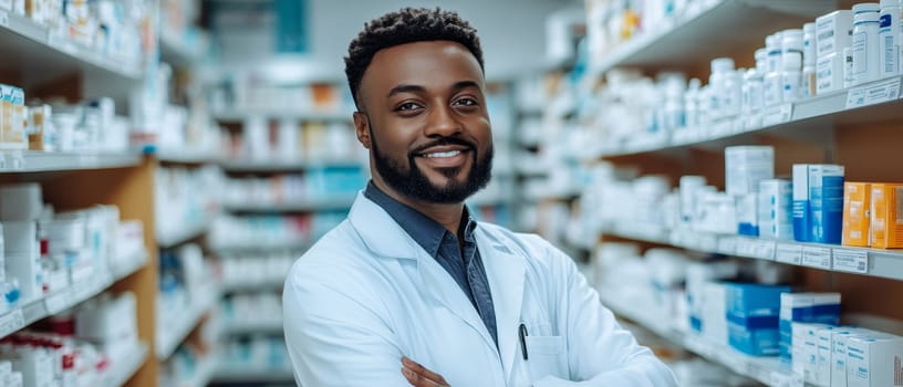 Smiling African American pharmacist with arms crossed standing in pharmacy, shelves of medication in background.