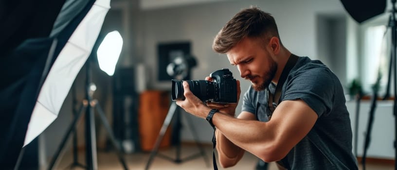 Concentrated photographer adjusting professional camera in a photo studio with lighting equipment, demonstrating expertise in photography and visual arts.