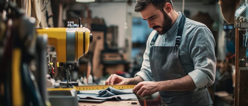 Bearded craftsman in apron carefully measuring fabric with tape measure in workshop, surrounded by tools and equipment.