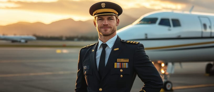 Confident airline pilot in uniform standing on airport tarmac with private jet in background at sunset, embodying aviation professionalism and leadership.