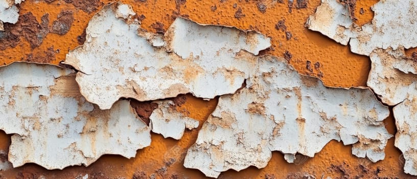 Close up of weathered metal surface with peeling white paint revealing rusty orange layers underneath, creating an abstract textured pattern.