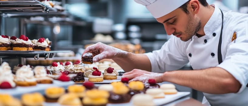 Skilled pastry chef in white uniform meticulously decorates delicate pastries with raspberries in a professional kitchen, showcasing culinary artistry.