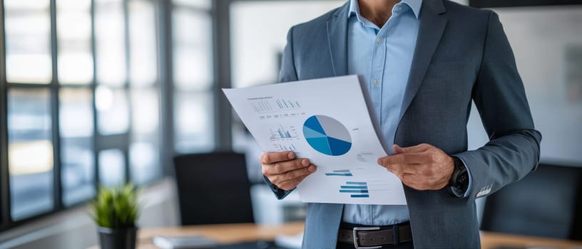 Professional in blue suit examining financial reports with charts and graphs in a modern office, showcasing business analysis and strategic planning.