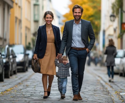 Woman and man on a walk with a child. AI generative.