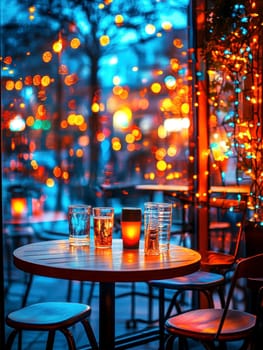 a bar counter with dim but colorful lights. AI generative.