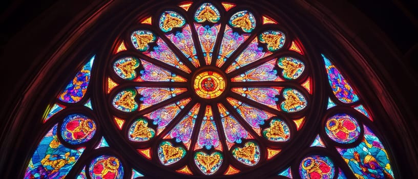 Stunning kaleidoscopic stained glass rose window in a cathedral, featuring intricate patterns of hearts and floral designs in vibrant colors.