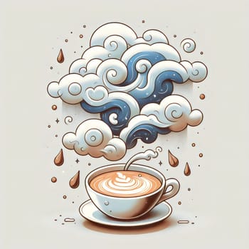 An illustration of a cup of coffee with a steaming cloud of coffee foam shaped like clouds and waves. A high-quality AI-generated photo.