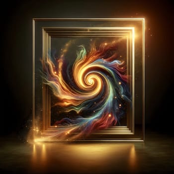 An abstract, swirling vortex of colorful light and particles inside a golden frame. A high-quality AI-generated photo.