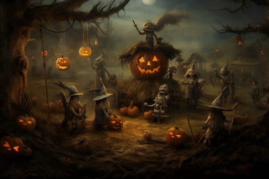 Halloween greeting card with mysterious scarecrow and pumkins, dark, scary night in autumn, generative AI