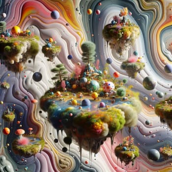 An abstract, surreal image of floating islands with trees, flowers, and colorful orbs in a swirling, colorful background. A high-quality AI-generated photo.