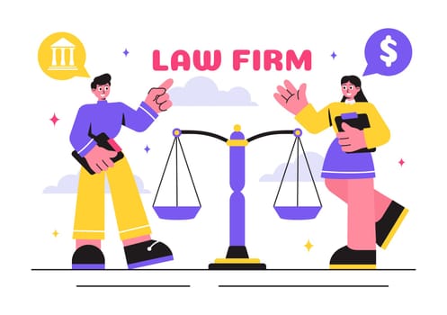 Law Firm Services Vector Illustration featuring of Justice, Legal Advice, Court Judgement, and Lawyer Consultation in a Flat Style Cartoon Background