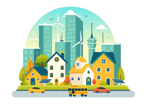 Energy Efficiency in the City Vector Illustration Featuring a Sustainable Environment with Electricity Generated from Solar and Wind Power