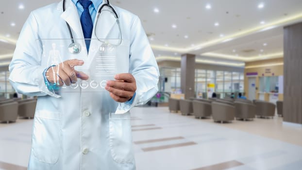 Medical technology concept, Doctor using finger touching screen for medical diagnostic analysis on modern virtual screen network connection, Body human anatomy on technological futuristic.