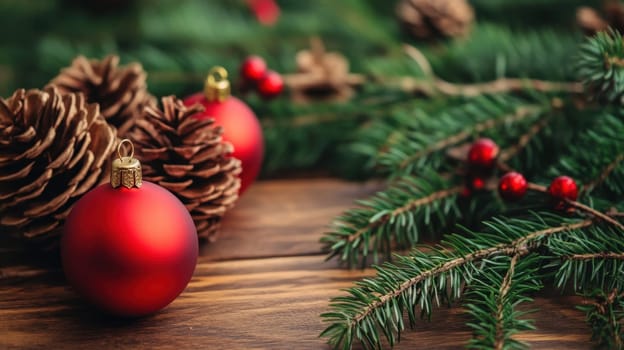 Red ornaments and pine cones are arranged on a wooden surface alongside evergreen branches creating a festive holiday atmosphere.