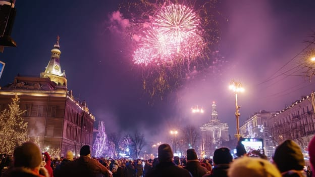 Crowds gather to enjoy vibrant fireworks lighting up the night sky during a festive winter celebration in the city.