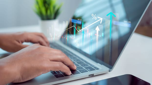 Businesswoman is showing a growing virtual hologram of analytics dashboard with charts, Stock market, Business growth, Progress or success concept, Invest in trading, Finance, Sales, Marketing.