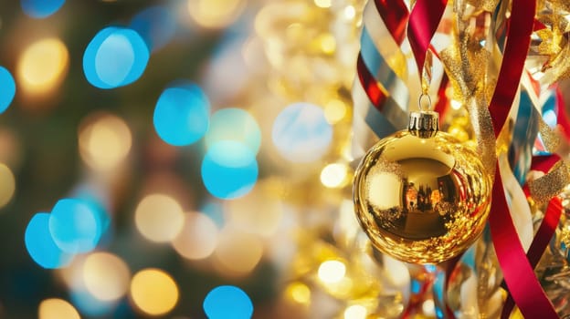 A golden ornament hangs delicately among colorful ribbons and lights on a Christmas tree bringing festive cheer to the atmosphere.