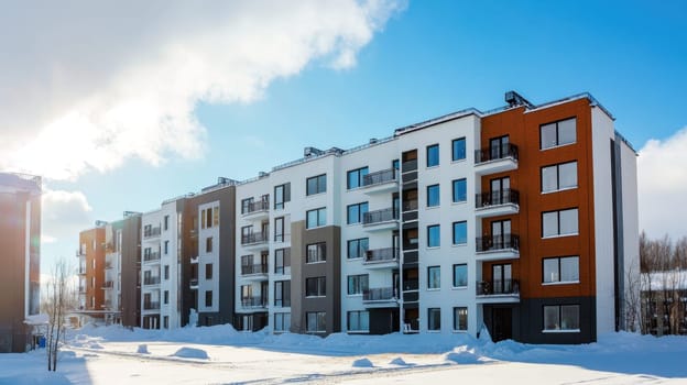 Contemporary residential buildings stand tall in a winter setting surrounded by fresh snow under a bright blue sky.