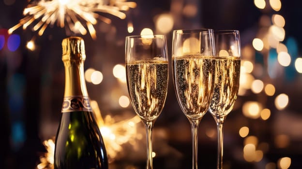 Sparkling champagne fills flutes as sparklers light up the night creating a festive atmosphere for celebration.
