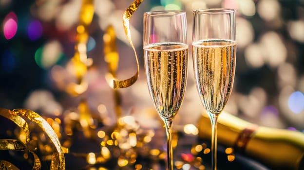 Two elegant champagne glasses filled with bubbly stand on a table adorned with colorful decorations perfect for a celebration.