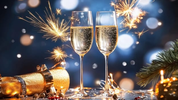 Two champagne flutes filled with sparkling drink are surrounded by festive decorations and sparklers creating a joyous atmosphere for celebration.