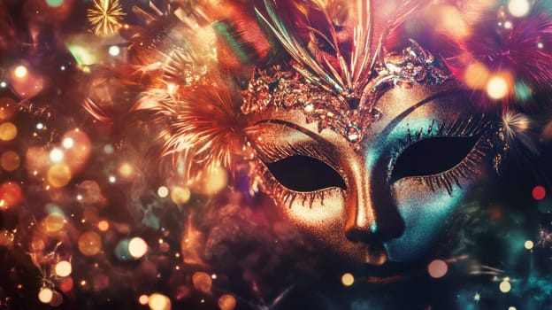 A stunning masquerade mask adorned with bright feathers and intricate designs captures attention in a festive nighttime atmosphere filled with lights.