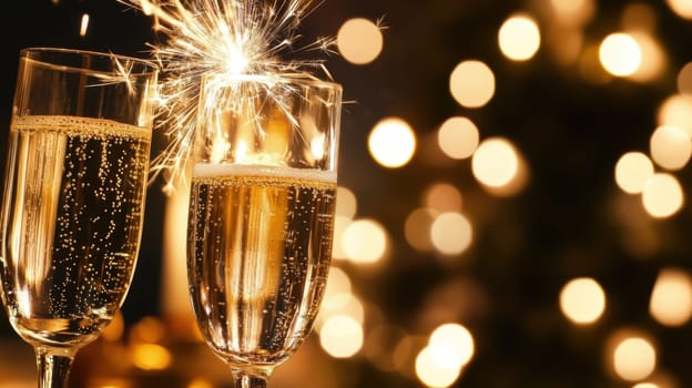 Two champagne glasses filled with bubbly drink are sparkling illuminated by bright lights creating a festive atmosphere for a celebration.