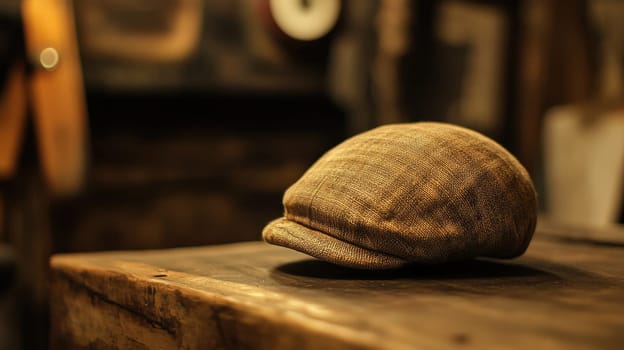 A classic cap placed on a weathered wooden surface surrounded by an authentic rustic environment that enhances its charm.