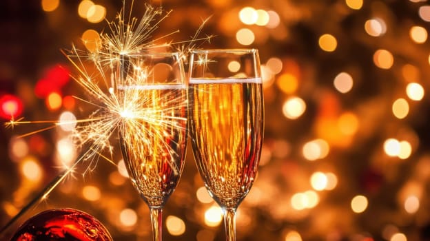 Two glasses filled with sparkling beverage are raised together with sparklers illuminating a festive background of lights.