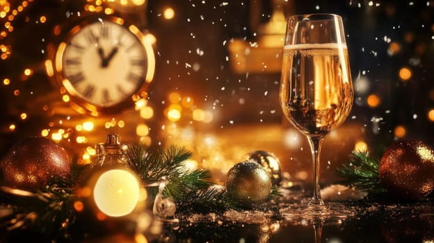 A sparkling glass of champagne sits surrounded by holiday ornaments as gentle snowfall creates a cozy atmosphere near a clock.