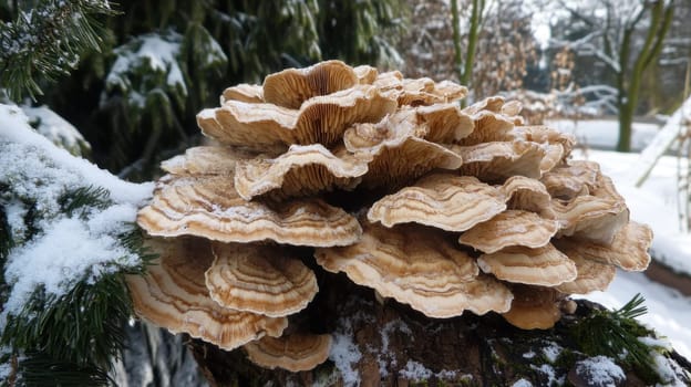 A large cluster of mushrooms thrives on a log surrounded by snow and winter foliage showcasing natures resilience in cold conditions.