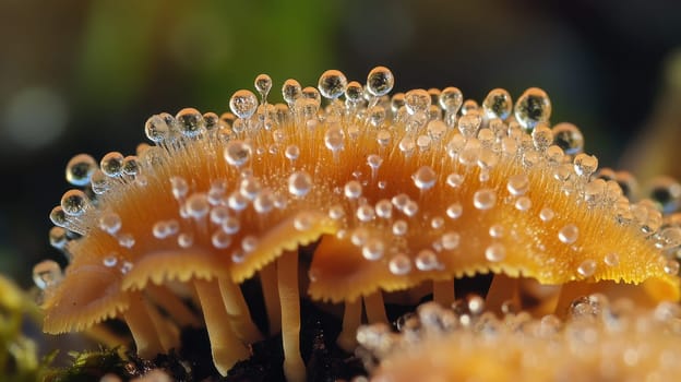 Orange mushrooms covered in water droplets are illuminated in a lush forest creating a vibrant and enchanting atmosphere.