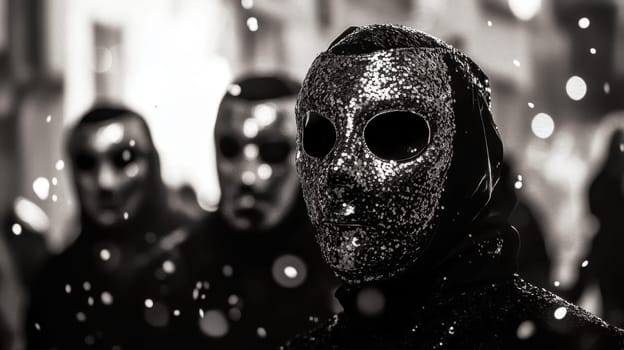 A group of individuals wearing shiny masks gathers in the darkness creating an enigmatic atmosphere during the night festivities.