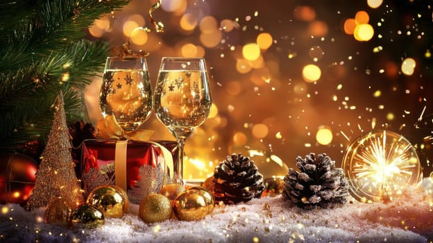 Glasses sparkling beside a gift surrounded by festive ornaments pine cones and a Christmas tree creating a warm holiday atmosphere.