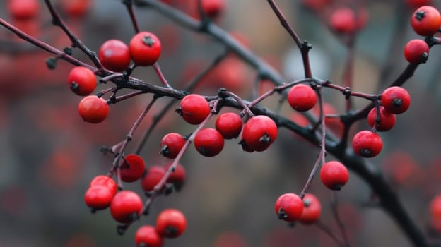 Bright red berries hang from branches against a blurred background showcasing the beauty of nature in autumns serene atmosphere.