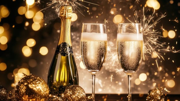 Two elegant champagne flutes are filled surrounded by golden decorations and vibrant sparkles creating a festive atmosphere.