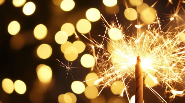 A sparkler glows brightly surrounded by warm bokeh lights creating a joyful atmosphere perfect for celebrations at night.