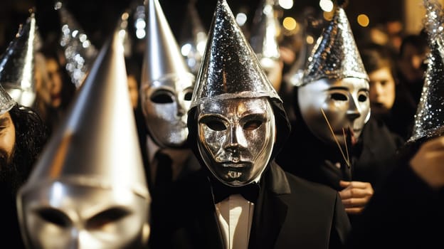 A group of individuals wearing silver masks and cone hats congregates during a nighttime celebration creating a mysterious atmosphere.