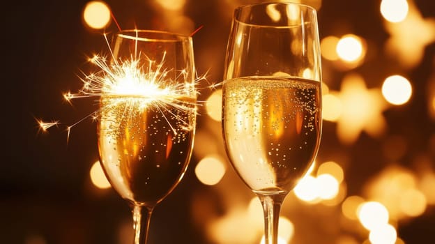 Two glasses filled with sparkling beverage celebrating the New Year amidst twinkling lights and festive atmosphere.