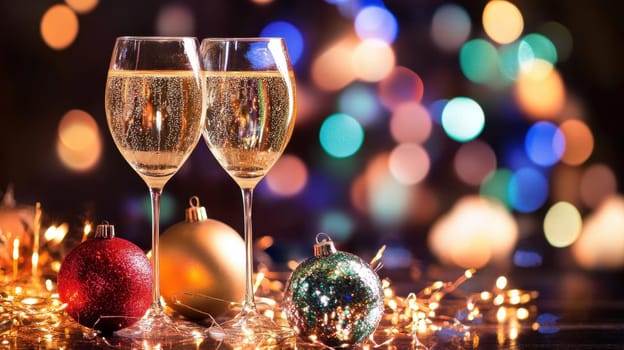Two glasses of sparkling beverage are arranged with festive decorations and soft colorful lights in the background creating a joyful ambiance.